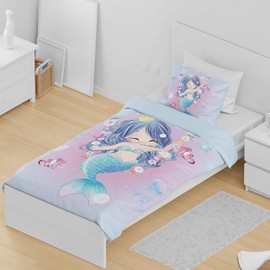 DJDEA Mermaid Cot Bed Duvet Cover Set 120x150cm, Children Girls Toddler Bedding Set Cute Mermaid Pattern Design Blue Soft Microfibre Bedding Quilt Cover with Matching Pillowcase 40x60cm