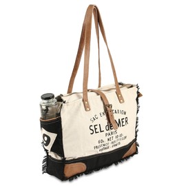 vintage crafts Bags Sel De Mer Upcycled Canvas Hand Bag | Canvas Messenger Bag & Cowhide Tote Bag with pockets, Zipper Closure for Women (Black & White)