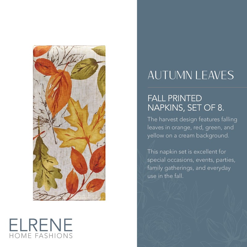 Elrene Home Fashions Fall Printed Fabric Napkins, Set of 8,