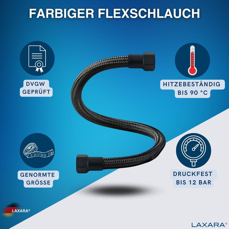 LAXARA DVGW Premium Coloured Flex Hose Black and White 3/8