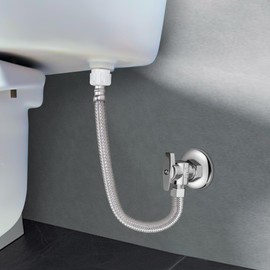 PURAGIER 2 Pack Complete Toilet Set Valve,1/2 inch Nom Inlet x 3/8 Inch Od Compression Outlet Angle Stop Valve+15 Inch Long Stainless Steel Braided Water Supply Line+Escutcheon Plate