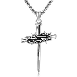 UCADRIT 3 Nails Cross Necklace 925 Sterling Silver Thorns of Crown Pendant Jesus Religious Mother's Day Jewelry for Women Men, Sterling Silver, No Gemstone