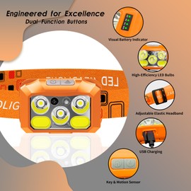 BeaMystGear Headlamp Rechargeable LED, 800 Lumens with Red & White Light, 8 Modes, Motion Sensor, USB-C Charging, IPX4 Waterproof (1, Orange)