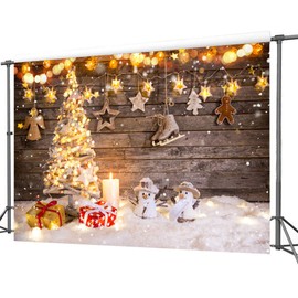 LYWYGG 8 x 6 ft Christmas Background Gold Christmas Tree Background Snowman Background Wooden Planks Background Christmas Background for Photography CP-207-0806