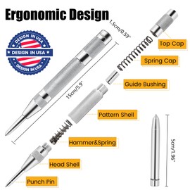 MulWark 6" Automatic Center Punch for Metal - Spring Loaded Center Punch Tool with Extra Replacement Tip - Adjustable Impact One-Handed Spring Puncher for Wood, Plastic, Stainless Steel
