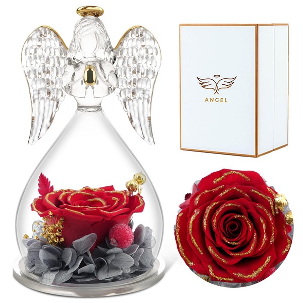 Sunia Eternal Rose in Angel Glass Dome, Gift for Women, Eternal Flower Angel Figure, Rose Gifts for Mother, Birthday Gift for Mum, Grandma, Gifts for Valentine's Day, Mother's Day, Anniversary,