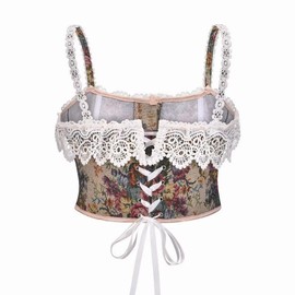 YONABTF Corset Top Renaissance Bustier Vintage Floral Tank Tops Y2K Eyelet Lace Up Overbust Boned Bodyshaper Waist Trainer Multicolor S