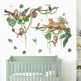 FUFUQUARE Jungle Animals Wall Stickers Cute Sloth Leopard Monkey Climbing Tree Branch Wall Decals PVC Peel and Stick for Kids Nursery Bedroom Living Room