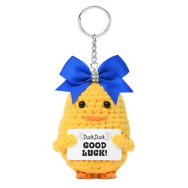 DEEKA Crochet Cheer Duck with Bow Cheer Gifts Bag Accessories Essentials Keychain for Backpack Support Good Luck Duck Cheerleading Cheerleader Team Gifts (Royal Blue Bow)