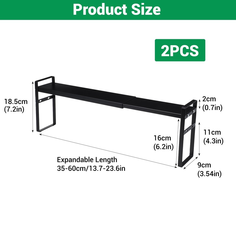 2 Pack Black Expandable Cabinet Shelf Organizer 13.7-23.6" L Stackable