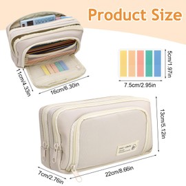 Candcamp Large Capacity Pencil Case Girls Boys Pencil Pouch with 3 Compartments Smooth Zip Stationery Organizer for School Office(Beige)