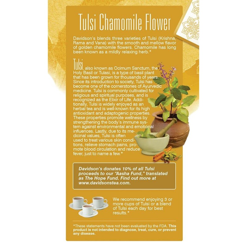 Davidson's Organics, Tulsi Chamomile Flower, 25-count Tea Bags, Pack of