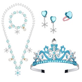 HIFOT Elsa Headband with Jewelry Set, Snowflake Crown Necklace Bracelet Clip on Earrings Ring Princess Party Dress up Jewelry Kit for Kids