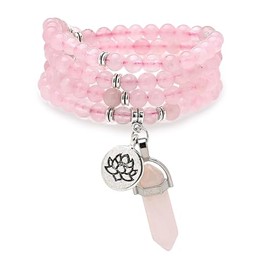 108 Natural Mala Prayer Beads Lotus Pendant and Hexagonal Prism Reiki Quartz Bracelet Necklace, One size, Stone, No Gemstone