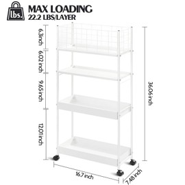 KINGRACK Slim Storage Cart, 4-Tier Metal Utility Rolling Cart with Wheels, Narrow Shelving Unit, Skinny Storage Rolling Organizer, Storage Trolley Cart for Office Kitchen Bathroom Narrow Place, White