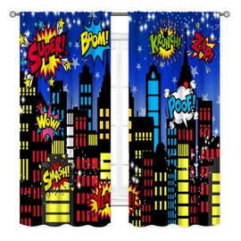 TKUYO Superhero City Curtains, Comic Night Starry Skyline Cityscape Buildings Comic Blackout Window Curtains for Boys Kids Baby Room Bedroom Living Nursery 2 Panel Sets, 52"x84" Inch