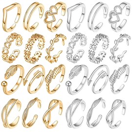 Kighdel Toe Ring 24 Pcs Adjustable Toe Rings for Women, Gold Silver Open Toe Rings Set for Women for Beach,Various Parties, Daily Wear