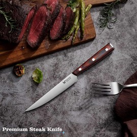 WALLOPTON Set of 6 Steak Knives - Sturdy Full Tang Wood Handle, Fine Serrated Sharp Edge for Smooth Cutting - High Carbon German Stainless Steel - 5'' Dinner Knife Set with Gift Box