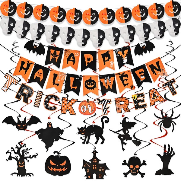 AhfuLife Halloween Party Banner Decorations, Reusable Halloween Indoor Decorations Happy Halloween Paper Banner for Home, Trick or Treat Sign, Hanging Swirl for Halloween Garland Decoration