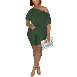 WOKANSE Conjunto de chándal de manga 3/4 para mujer, con un hombro descubierto, parte superior asimétrica, pantalón largo ajustado de 2 piezas, Verde del Z-ejército, XXL