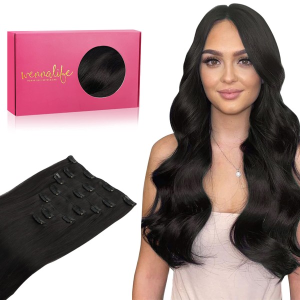 Wennalife Clip-In Human Hair Extensions, 55 cm (22 inches), 120 g, 7 Pieces, Natural Black Hair Extensions, Clip-In Real Hair, Remy Hair Extensions, Natural Real Hair Extensions