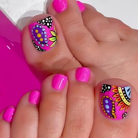 OHWODA Pink Press on Toenails Short Square Fake Toe Nails Sunflower Cute Designs Acrylic Toe Nails Full Cover Glue on Toenails Summer False Toe Nails 24 Pcs in 12 Sizes for Women