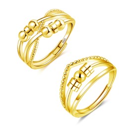 Hasnsofie Silver 925 Anxiety Rings, 2 Pieces 925 Sterling Silver Anti-Stress Ring Set, Open Adjustable Anxiety Ring, Unisex Spinner Fidget Partner Rings, Decompression Ring with Beads for Anxiety