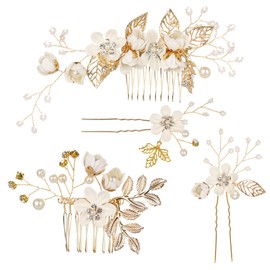 Floral Wedding Hair Accessories for Women Girls Bride - Hair Clip, Hair Comb, Gold Hair Pins, U-shaped Barrette - Pearl Vintage Style - Pack of 4 (white)