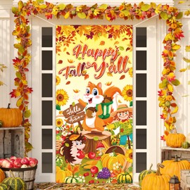 HOWAF Happy Fall Y'all Door Cover, Fall Harvest Party Decoration Door Banner, Hello Autumn Party Banner with Maple Leaves Pumpkin Sunflowers for Thanksgiving Outdoor Decr, Happy Fall Y'all Welcome