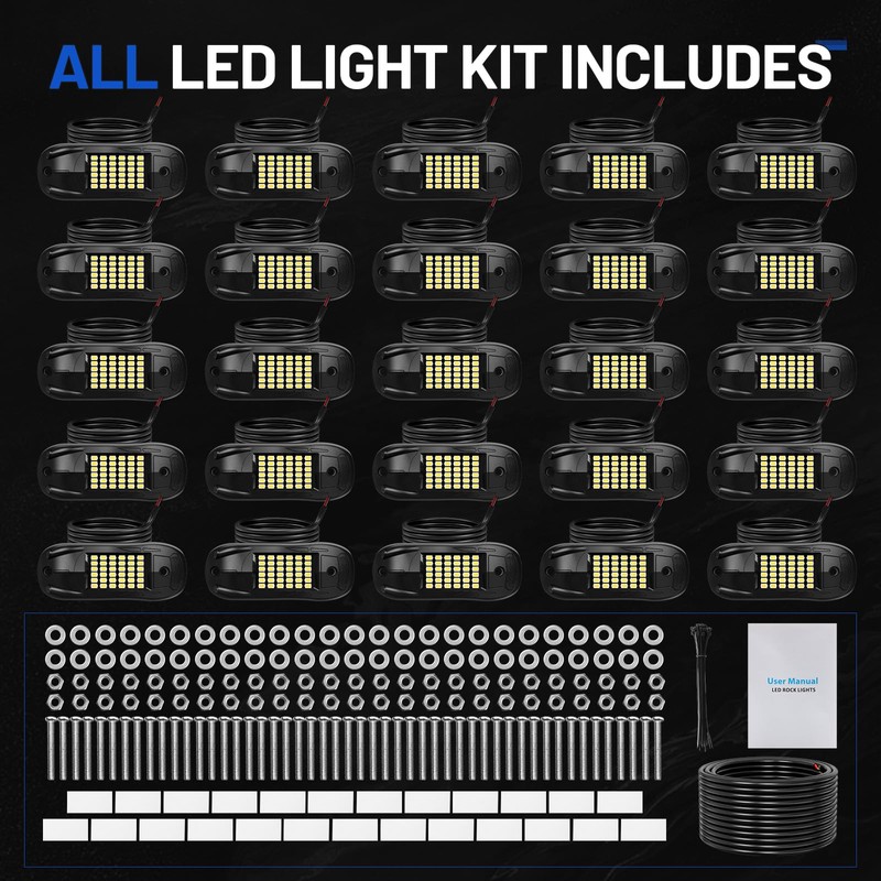icicar 25 Pods 6500k White Rock Lights, IP68 Waterproof 36