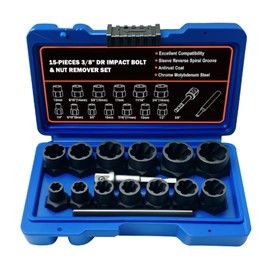 Greywolf Bolt Extractor Set, 15 pcs Bolt Extractor Kit with 3/8 Inch Stripped Nut Remover, Easy-to-Remove Bolt Extractor Set for Rusted, Rounded, Damaged Nuts and Screws