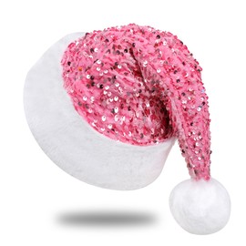 Chisander Sequin Santa Hat, Unisex Santa Hat for Adults with Shiny Sequin and Fluffy Pompom, Party Hat for New Year Xmas Festival (Pink)