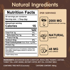 Mushroom Coffee, 6 Adaptogenic Mushrooms with Lion's Mane, Cordyceps, Turkey Tail & More, Instant Mushroom Coffee for Focus, Energy, Immune & Digestion Support