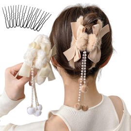 Hair Claw Fur Hair Clip, Large, Fall & Winter, Set of 2, Korean Style, Large Firm, Office, Hair Clip, Fringe, Pearl Beads, Hair Ornament, Long Hair Clip, Simple, Three-Dimensional, Hair Catch, For