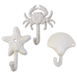 PRATYAHARA Set of 3 Starfish Seashell Crab Cast Iron Decorative Wall Hooks Coats Towels Hooks Beach Ocean Theme Metal Hooks