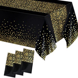 ZSYIULIA 3 pcs Plastic Disposable Tablecloths, 137x274cm Party Table Cover, Black and Gold Dot Confetti Rectangular Party Table Cover for Picnic, Christmas, Birthday, Baby Shower Decorations