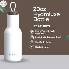 BLENDI Hydroluxe 20oz Water Bottle - Eco-Friendly, BPA Free, 18/8 Powder Coated Stainless Steel, 24 hour Cold Insulating Technology, Leak Proof Lid - For Gym, Office, Travel Use or Gifting (White)