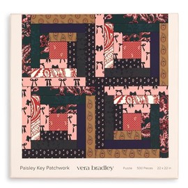 Vera Bradley 500 Piece Puzzle for Adults, 22" x 22" Square Puzzle, Cute Jigsaw Puzzle with Storage Box, Paisley Key Patchwork