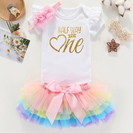 shlrzy Half Year Birthday Half Way To First Half Birthday Outfit Baby Girl Clothing Set White Bodysuit Rainbow Tutu 6 Months