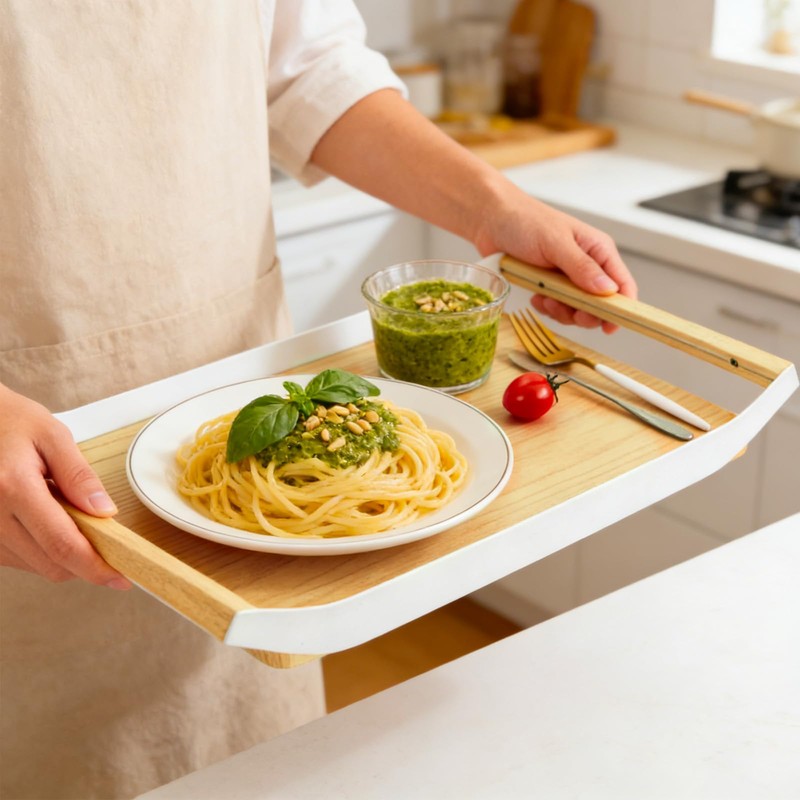 Enkrio Wood Serving Tray with Handles 16 Inches Decorative Rectangle