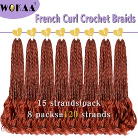 French Curl Crochet Braids 22 Inch 8 Packs Goddess Box Braids Crochet Hair for Women Ginger Pre Looped Crochet Box Braids with Curly Ends Synthetic French Curly Braiding Hair Extensions (350#)