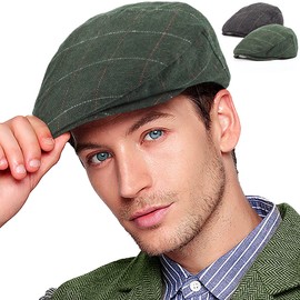 2Pack Herringbone Newsboy Hats for Men Flat Cap (Plaid Black+Green, S/M, 7 5/8)