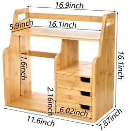 Fasmov Bamboo Desktop Bookshelf, Office Desk Bookshelf Organizer with 3 Drawers, Desk File Organizer Display Shelf Book Rack Bamboo Tabletop Storage Organization for Office Home School