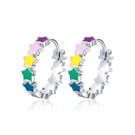 Qings Earrings Hoop Earrings Star Colourful - for Daughter and Mum S925 Small Colourful Rainbow Huggie Hoops Stud Earrings for Girls Women Birthday Jewellery Gifts, Sterling Silver, Cubic Zirconia