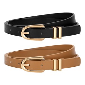 JASGOOD 2 Pack Women Skinny PU Leather Belt Ladies Thin Leather Plus Size Waist Belt for Jeans Dress with Gold Buckle,Black+Brown