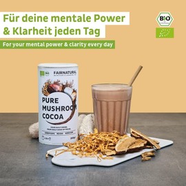 EINFÜHRUNGSPREIS BIO Mushroom Kakao Pulver Vegan - Mushroom Coffee Pilz Komplex - hochdosiert mit Hericium (Lions Mane), Chaga Pilz, Reishi Extrakt, Cordyceps von Fairnatural - 3x20 Portionen (600g)