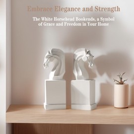 Iemegumi Decorative BookEnds for Shelves: Heavy Duty Aesthetic Horse Statues and Sculptures Book Ends - Boho Resin Books Stopper Holder for Home Office Desk Bookshelf, Gifts for Book Lovers White