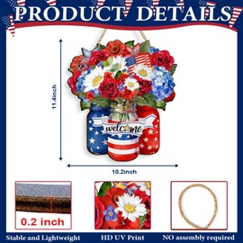 Pigort Wooden 4th of July Decoration Door Wreath – Patriotic Independence Day Wreath with Flowers, Heart-Shaped Welcome Sign (10.2×11.4 in) for Front Door, Wall, Outdoor & Indoor Home Decor