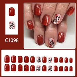 24PcsFall Press on Nails Red Short Square Fake Nails with Design Autumn Leaf Glue on Nail Gold Glitter False Nail Thanksgiving Acrylic Nail