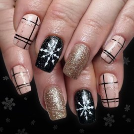 Winter Press on Nails Short Almond Fake Nails Gold Glitter Stick on Nail Christmas False Nail with Design Snowflake Checkered Nail Tips Pree ons Full Cover Reusable Xmas Nails for Women Manicure 24Pcs